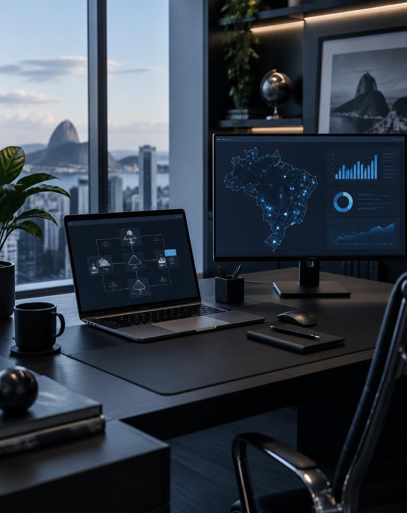Ambiente de trabalho com ferramentas de tecnologia e análise de sistemas